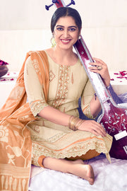 Pure Cotton Embroidery With Block Print Long Salwar Kameez In Beige Color